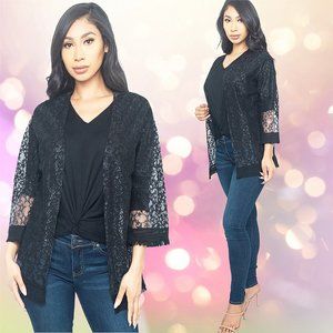 BOHO Western Embroidered Star Sparkle Lace Crochet Fringed Cardigan Top 172662BK